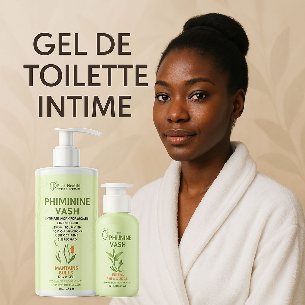 Une femme portant une robe blanche, avec deux flacons de gel intime pour femmes à côté d'elle. Le texte indique 'Gel de toilette intime', et les flacons portent le nom 'Phimine Vash'.