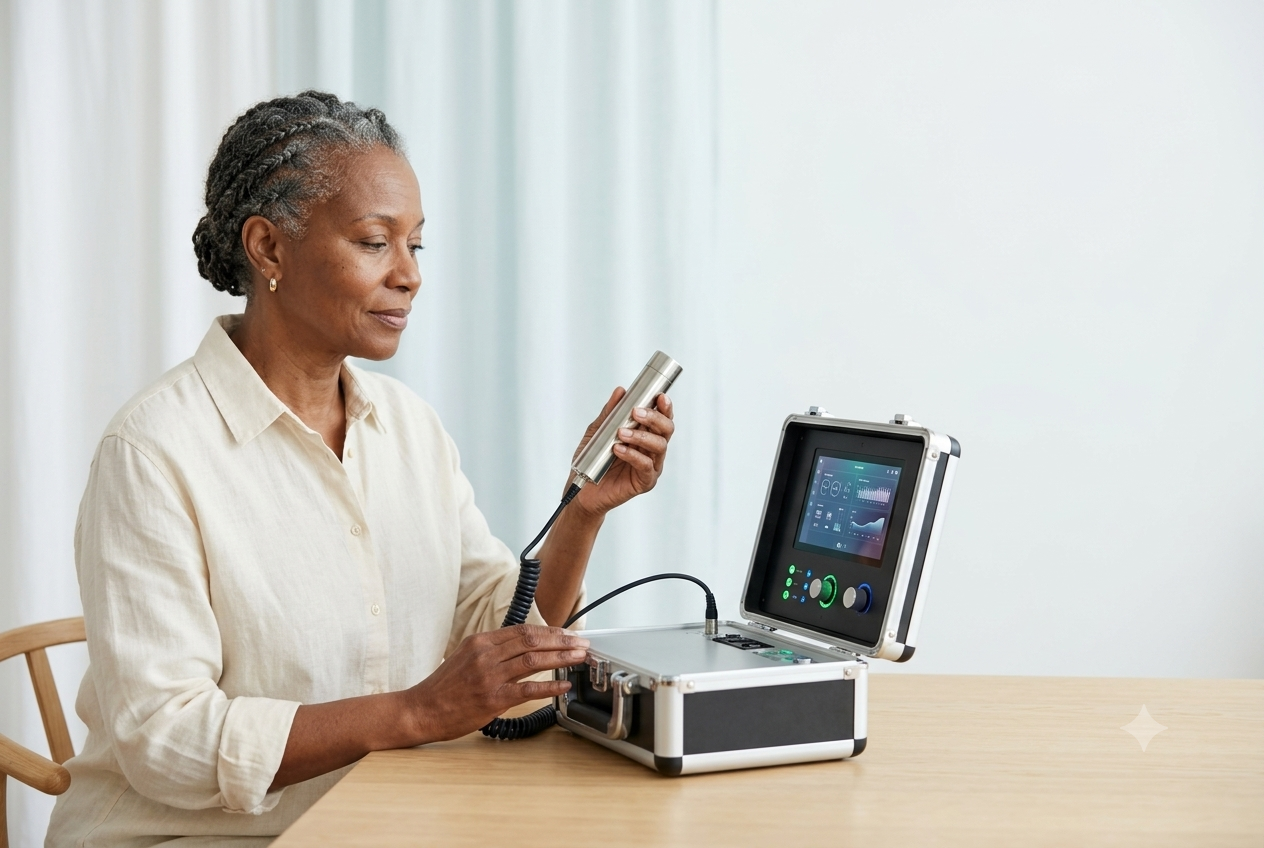 Femme âgée utilisant un appareil médical portable à l'hôpital.