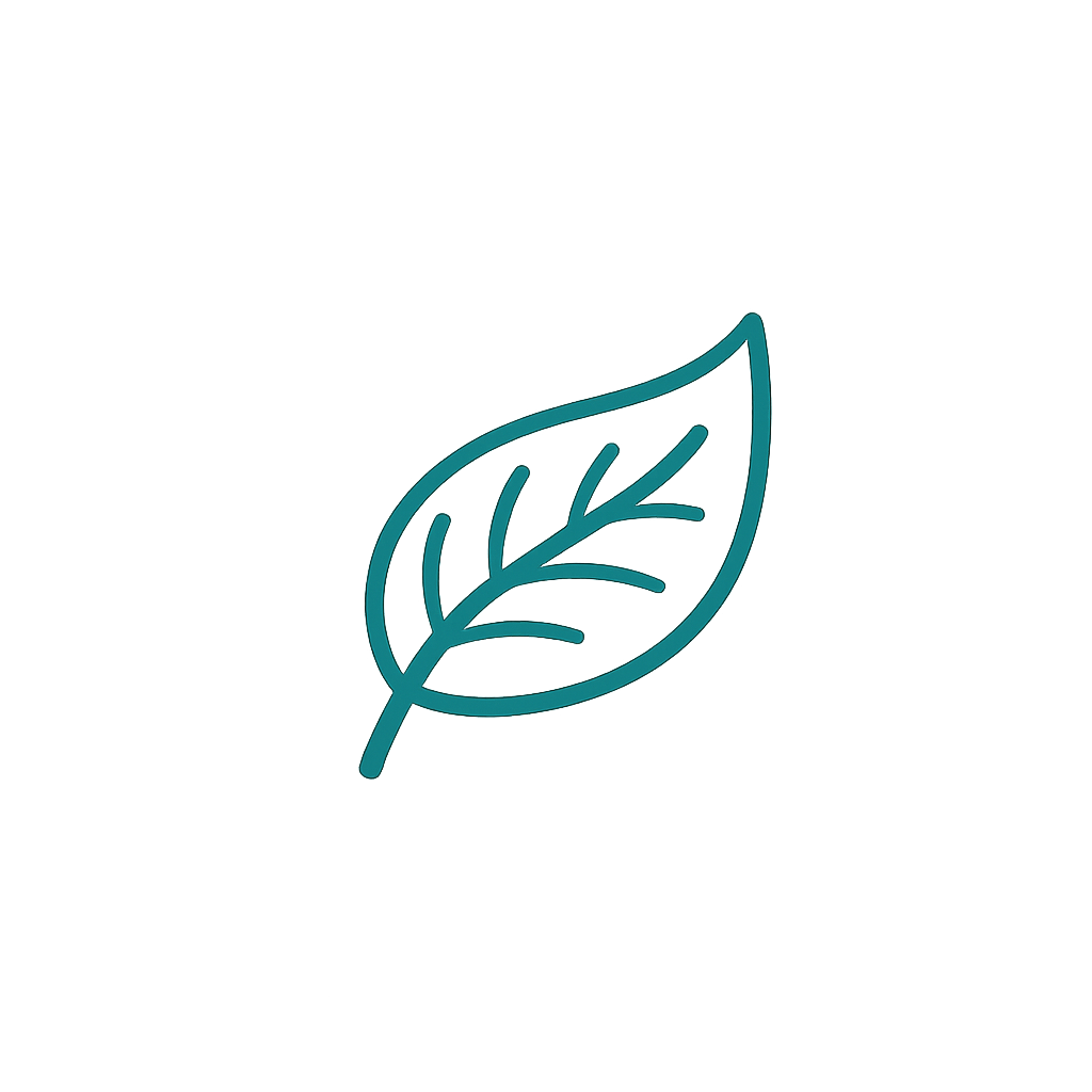 Icône d'une feuille stylisée en trait fin turquoise sur fond blanc.