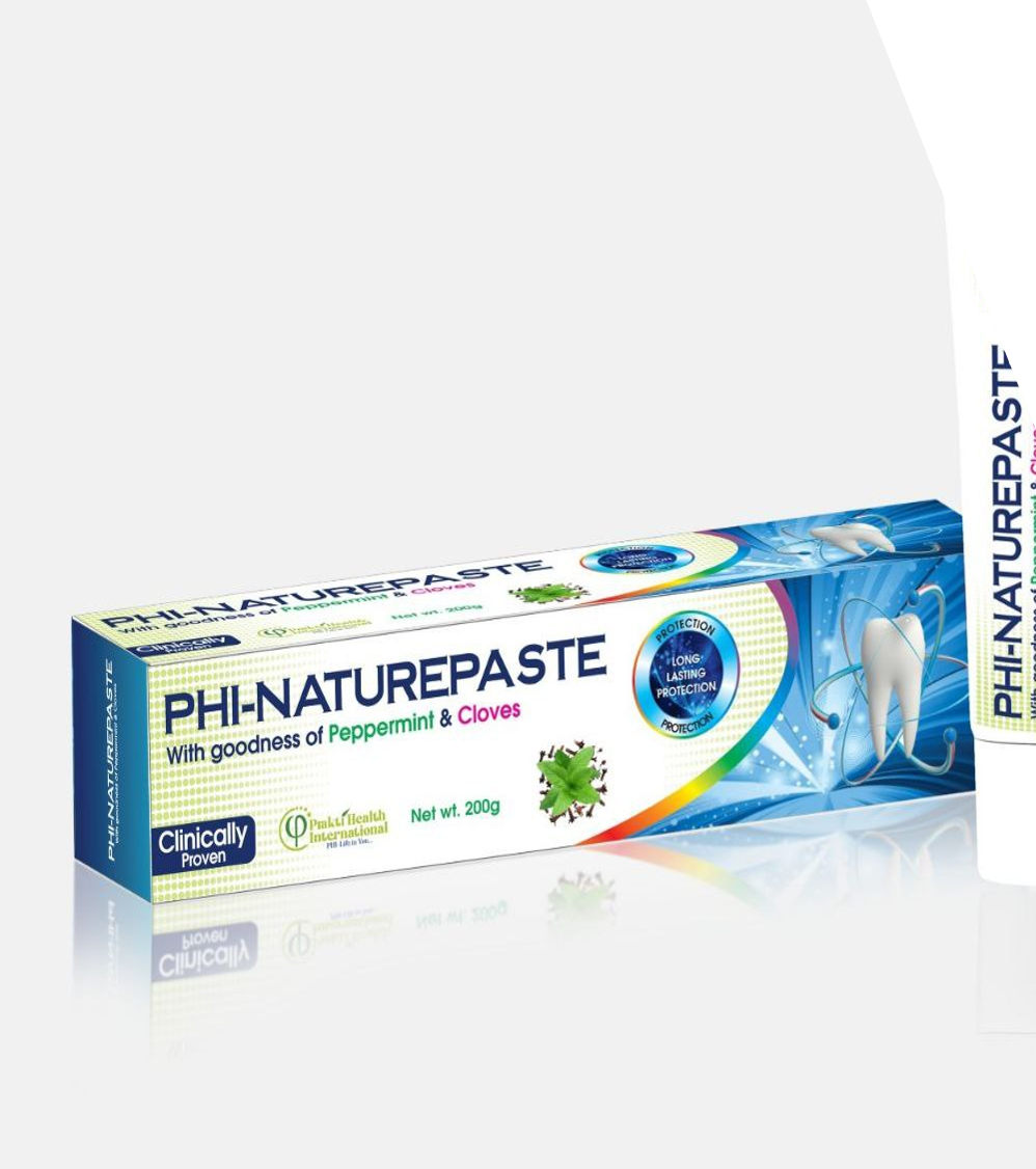 Boîte de pâte dentifrice PHI-NATUREPASTE avec menthe poivrée et clous de girofle, contenant 200g, avec un logo de protection longue durée et une illustration d'une dent