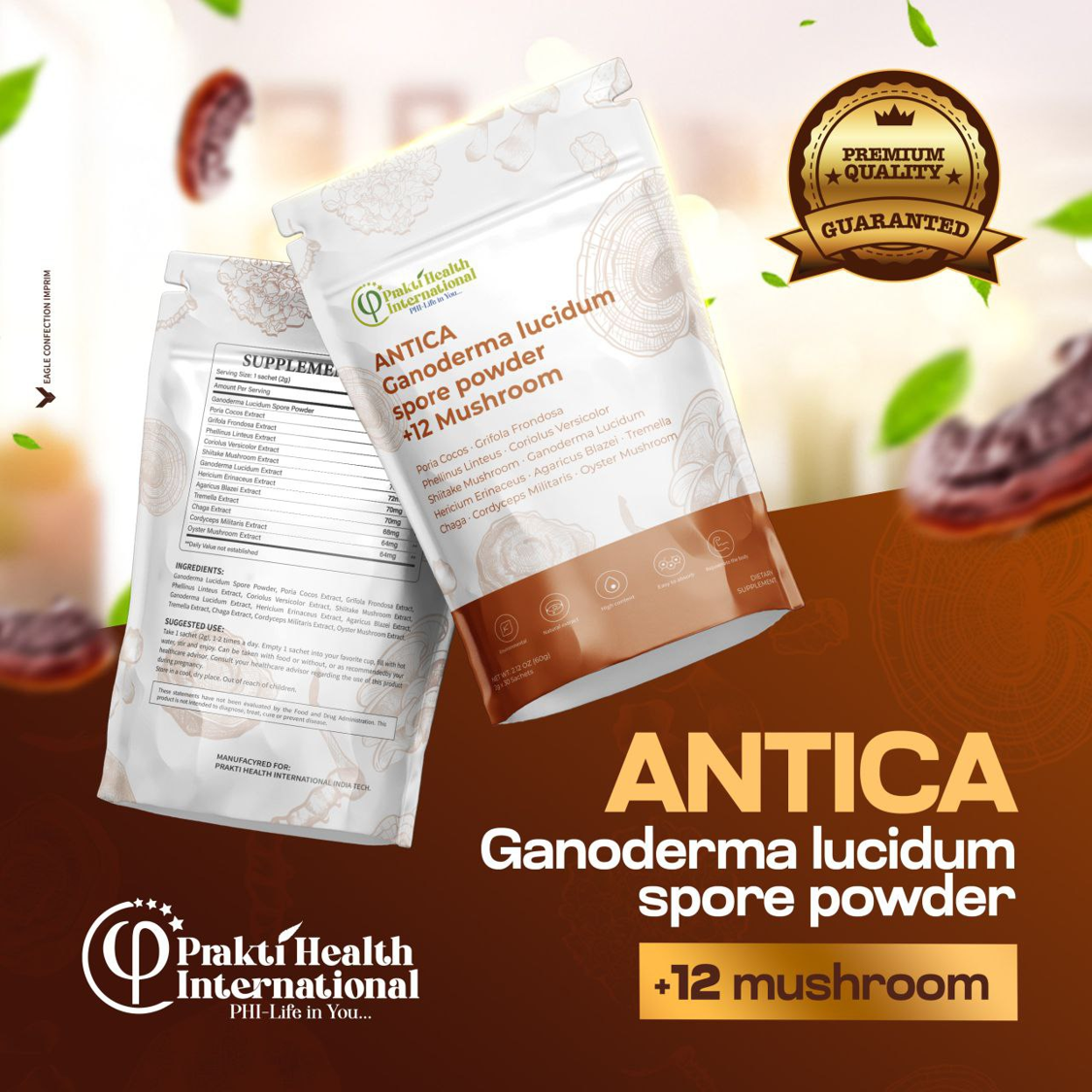Deux paquets de poudre d'ortie Ganoderma lucidum, avec étiquettes en anglais, posé sur une surface brune avec des feuilles vertes en arrière-plan. Un badge or avec la mention 'Premium Quality Guaranteed'.