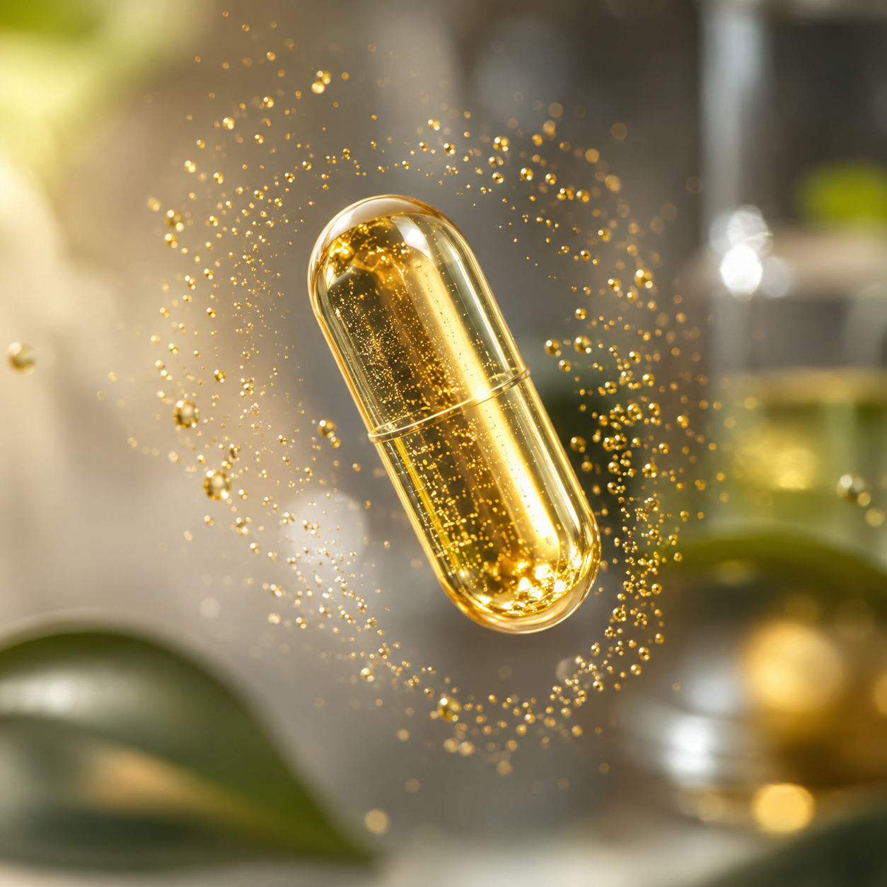 Complément alimentaire en capsule dorée flottant dans l'air, entouré de petites particules brillantes.