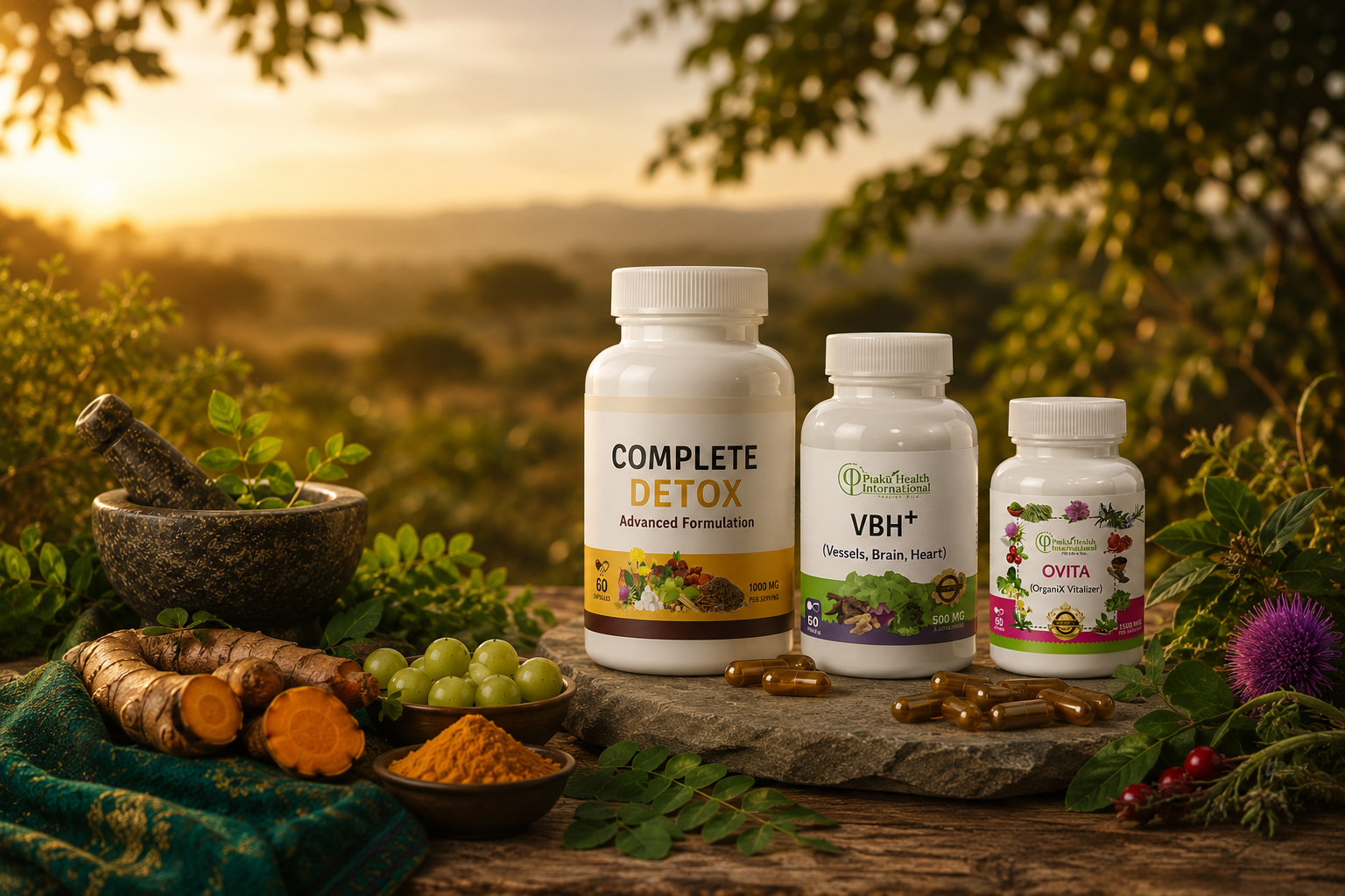 Compléments alimentaires naturels avec des plantes, racines et des capsules, sur une table en bois avec un paysage de campagne au coucher du soleil.