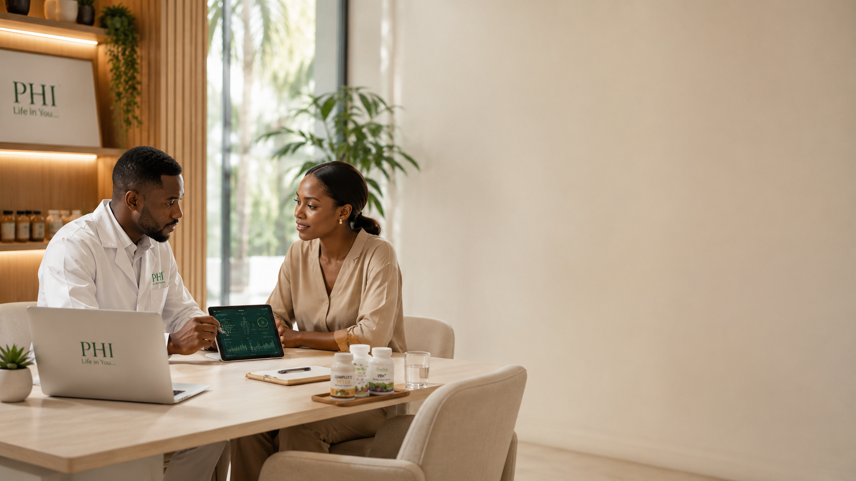 Un professionnel de la santé montre des informations sur une tablette à une femme lors d'une consultation dans un cabinet médical moderne, avec un ordinateur portable et des compléments alimentaires sur la table.