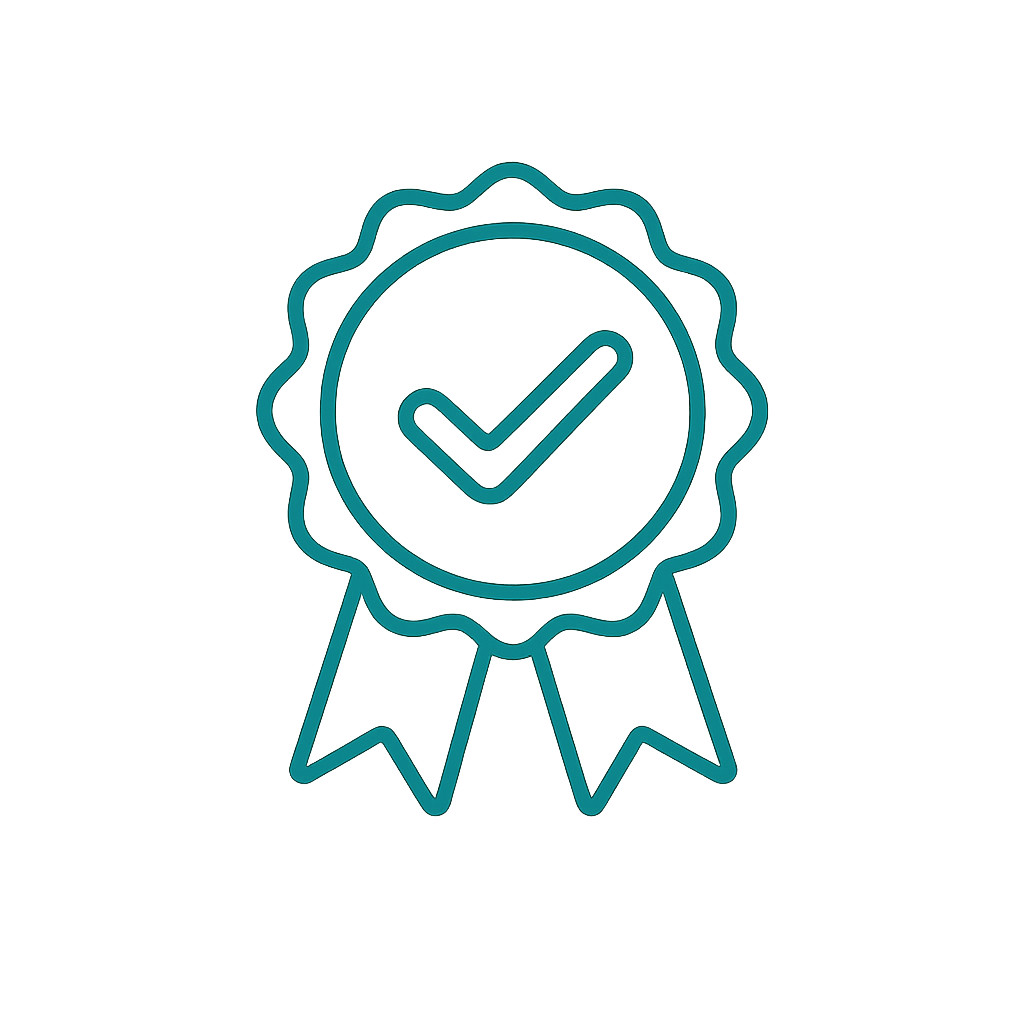 Un dessin simple d'une médaille ou badge avec une coche à l'intérieur, symbolisant une certification ou une réussite.
