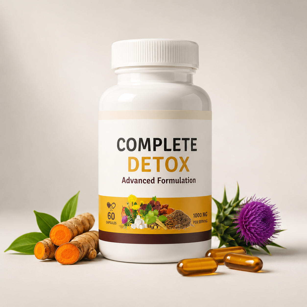 Bouteille de complément détox nommée 'Complete Detox' avec des capsules, des racines de curcuma, une plante à fleurs violettes, et diverses herbes et fruits sur un fond blanc.