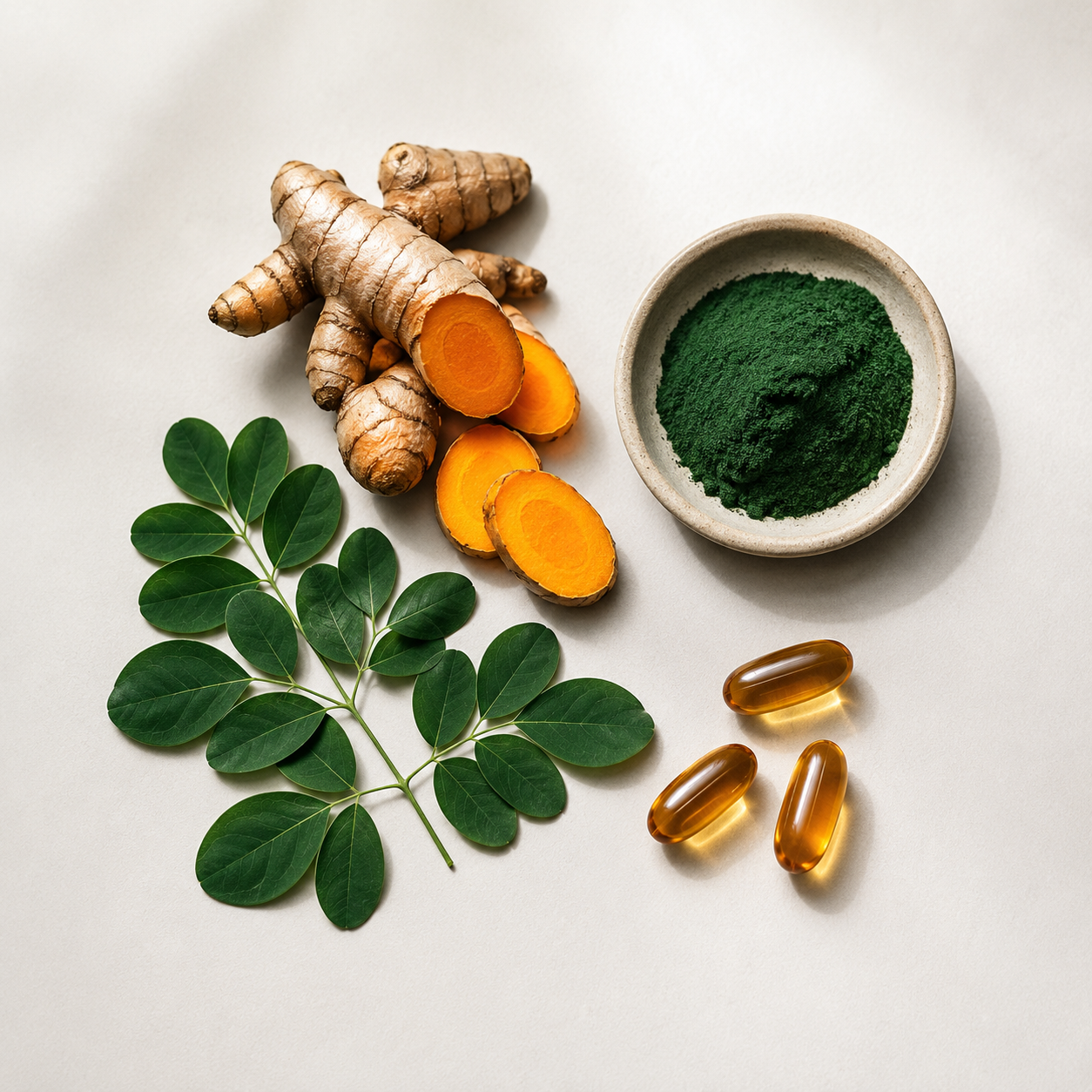 Gingembre frais, poudre de spiruline verte en bol, feuilles de moringa, capsule d'huile de vitamine D sur fond clair.