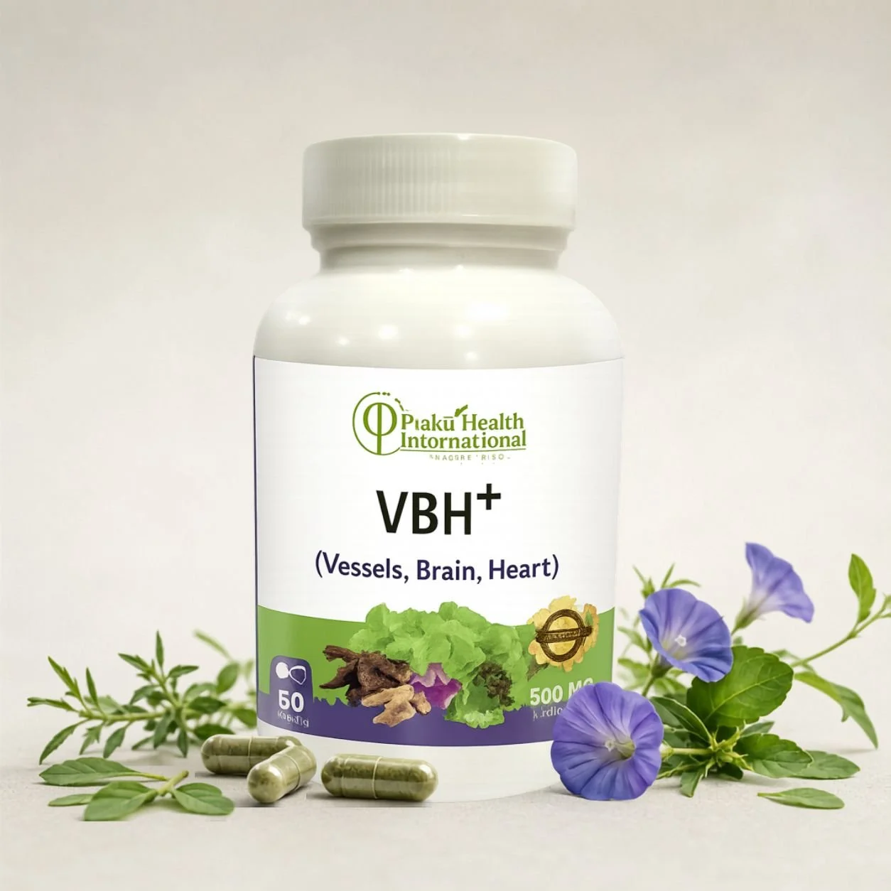 Complément alimentaire en gélules nommé VBH+ avec des plantes vertes et des fleurs violettes autour, destiné aux vaisseaux sanguins, cerveau et cœur.