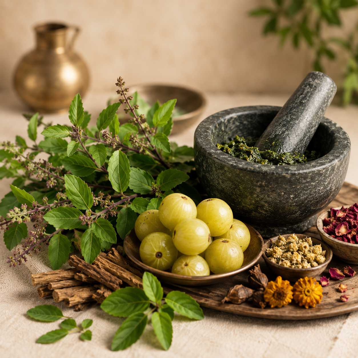 Herbes fraîches, groseilles, épices et un mortier en pierre pour préparer des remèdes à base de plantes.