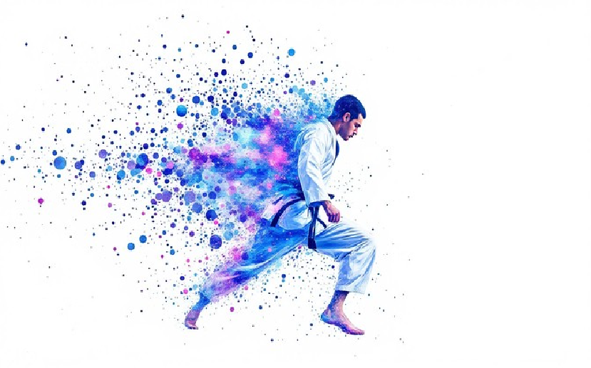 A martial artist performing a kata in a martial arts uniform with colorful paint splashes behind him.