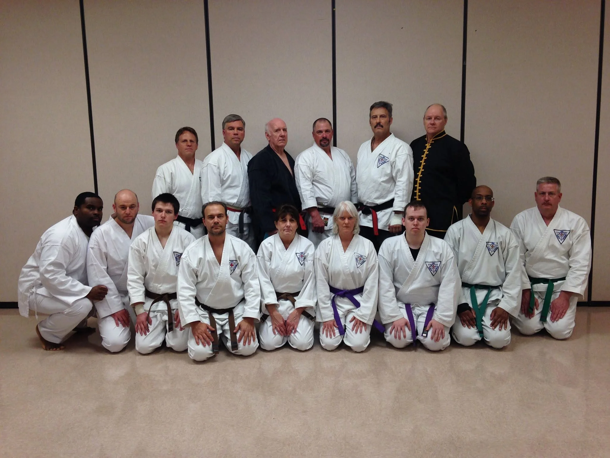 Group of martial arts practitioners in uniform, posing together in a training room, with some standing and others kneeling in front.