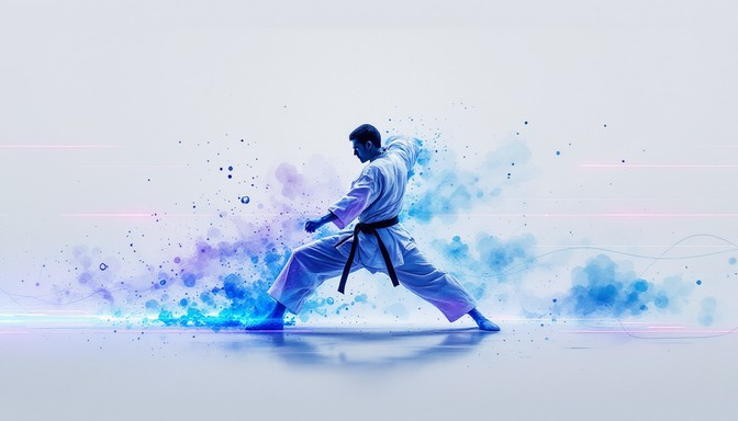 A martial artist in a white gi with a black belt performing a kick with a blue and purple watercolor splash background.