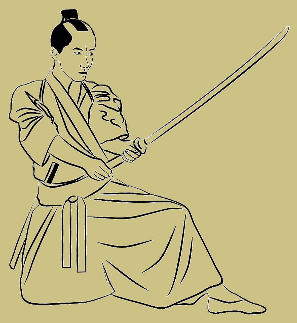 Line-art illustration of a seated samurai warrior in traditional Japanese armor holding a katana.