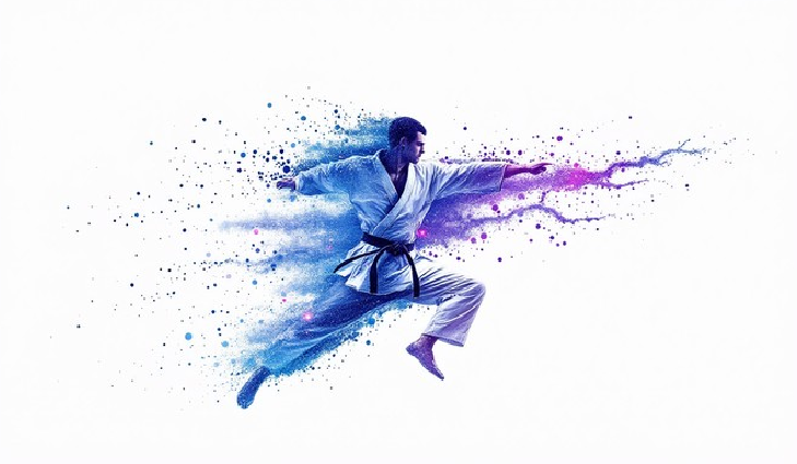 A martial artist in a white uniform with a black belt performing a high kick, with blue and purple paint splashes surrounding him.
