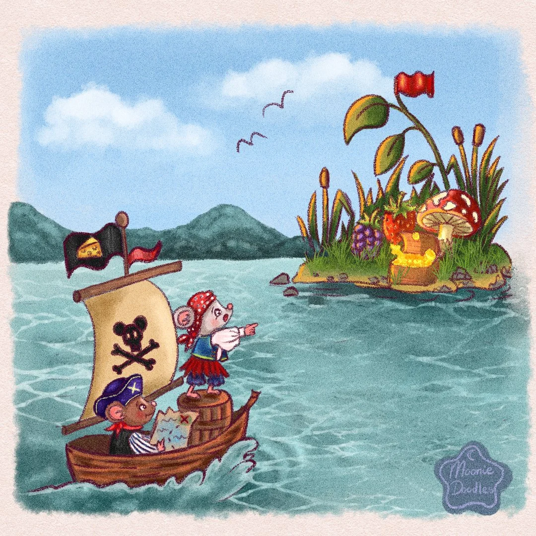 Two mice dressed as pirates boat sailing towards an island with giant mushrooms, plants, and a treasure chest.