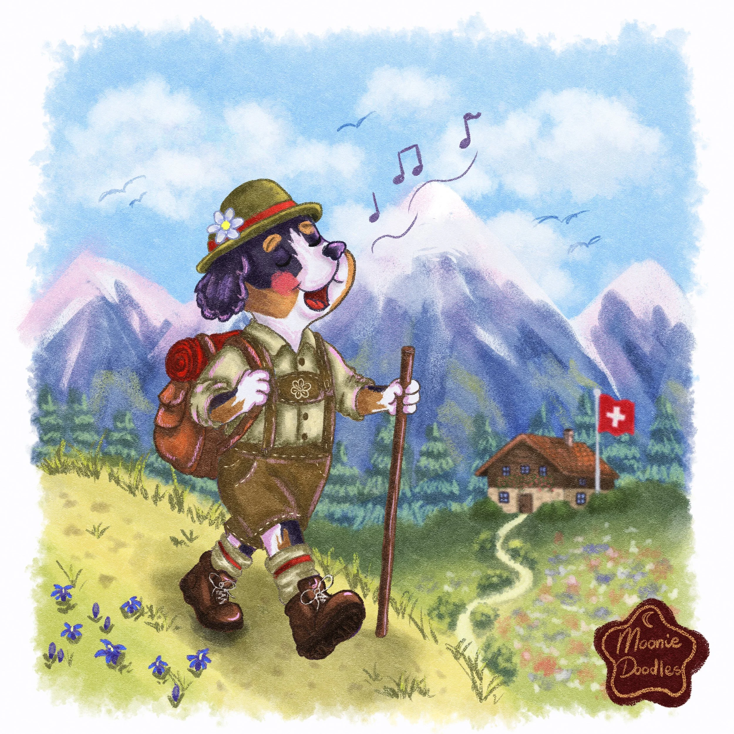 A cartoon illustration of a dog with a flower in its hat, hiking through mountains and fields, singing with musical notes in the sky.