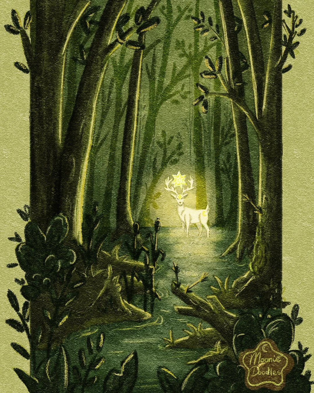 A glowing reindeer with large antlers standing in a dark forest, illuminated by a star-shaped light above its head.