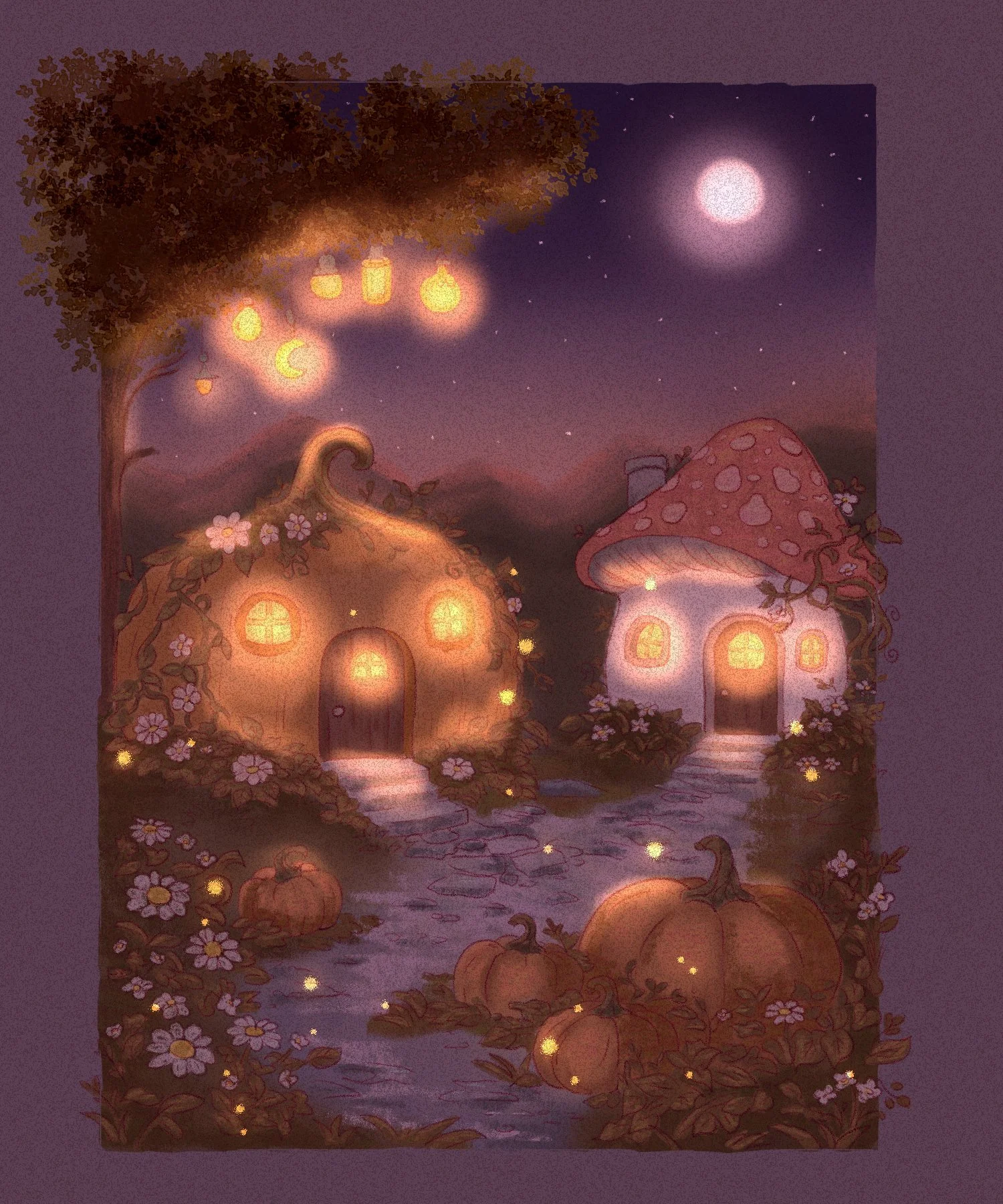 A whimsical illustration of glowing, fairy-tale mushroom houses under a starry night sky with a full moon, surrounded by pumpkins, flowers, and fireflies.