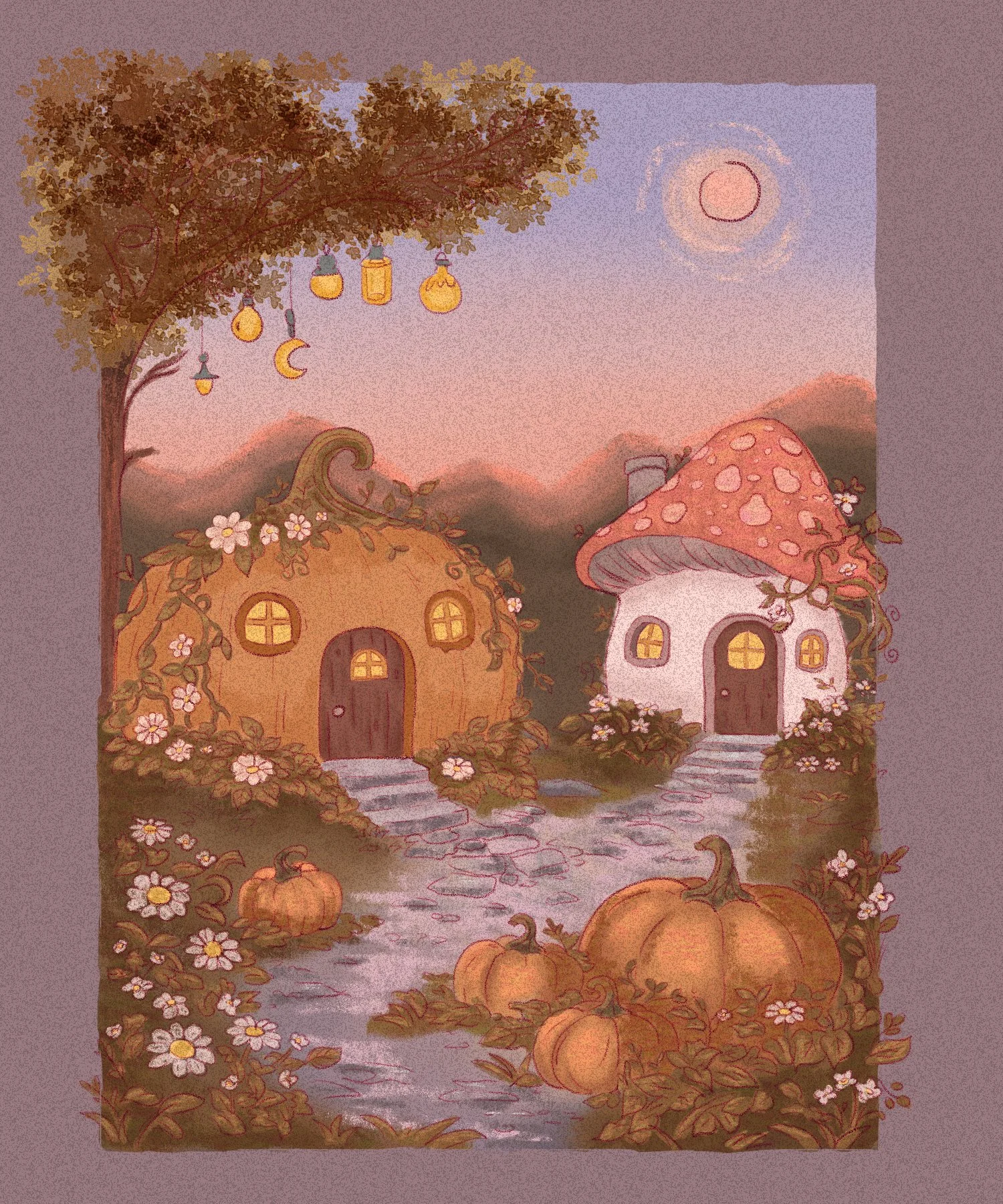 A whimsical autumn landscape featuring two fairy-tale style cottages with rounded doors and windows, surrounded by orange pumpkins, blooming white flowers, and a winding stone pathway under a pinkish sunset sky with a visible sun and hanging lanterns