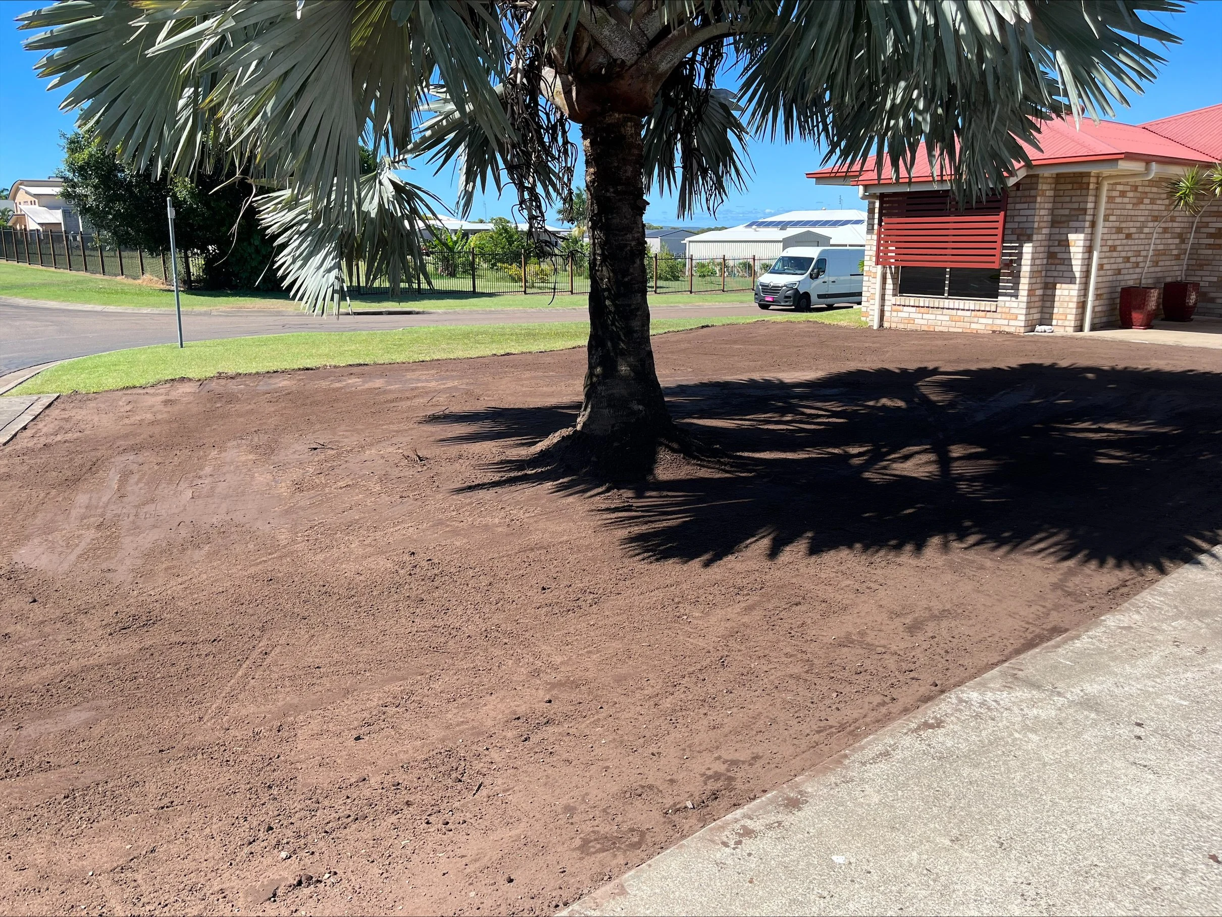 A cleared  yard ready for turf around a palm tree and a partially paved driveway, a house with a red roof, a white van parked nearby, and a fence in the background under a clear blue sky.