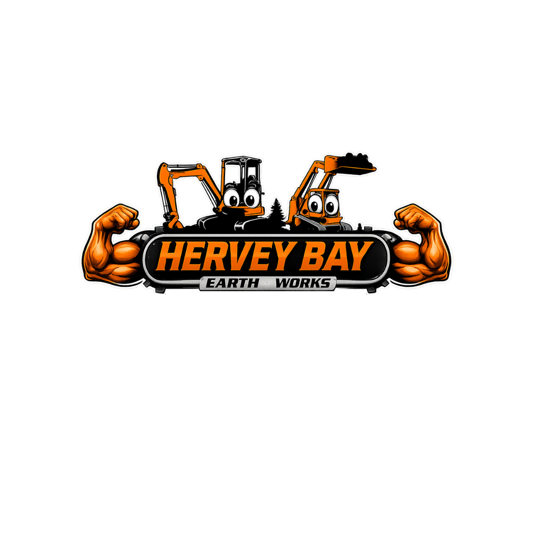 Logo for Hervey Bay Earth Works featuring cartoon construction machines with muscular arms, with the text "HERVEY BAY EARTH WORKS".