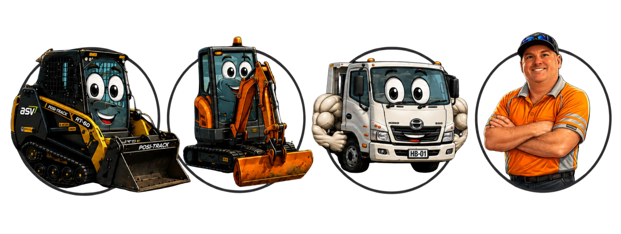 Cartoon construction vehicles with happy faces and the owner in a bright orange polo shirt standing with arms crossed.