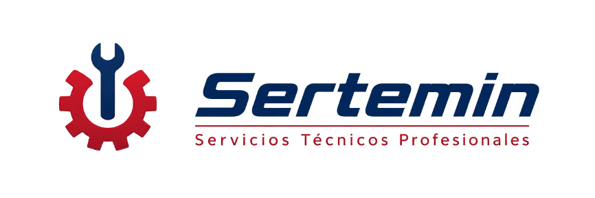 Logo de SERTEMIN con icono de engranaje y llave inglesa en rojo y azul.