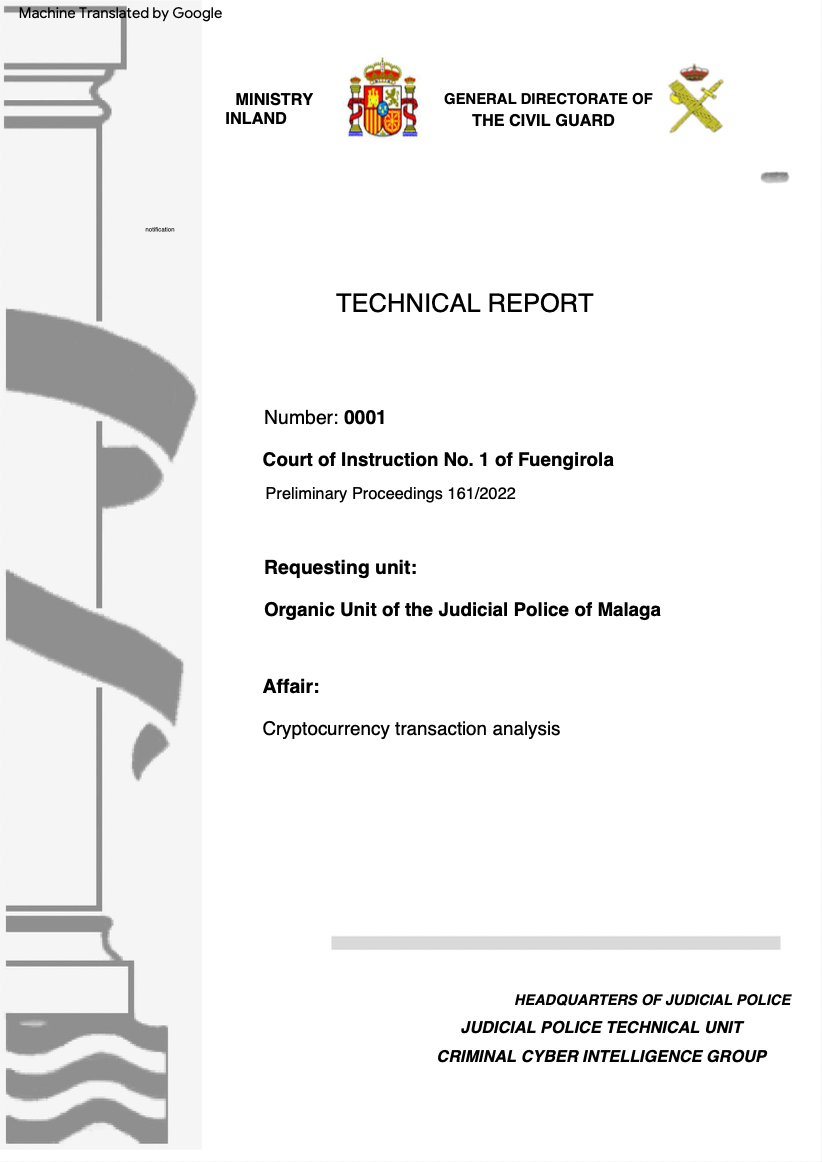 Cover page of a technical report issued by the Ministry of the Interior and General Directorate of the Civil Guard, related to a cryptocurrency transaction analysis, requested by the Judicial Police of Malaga.