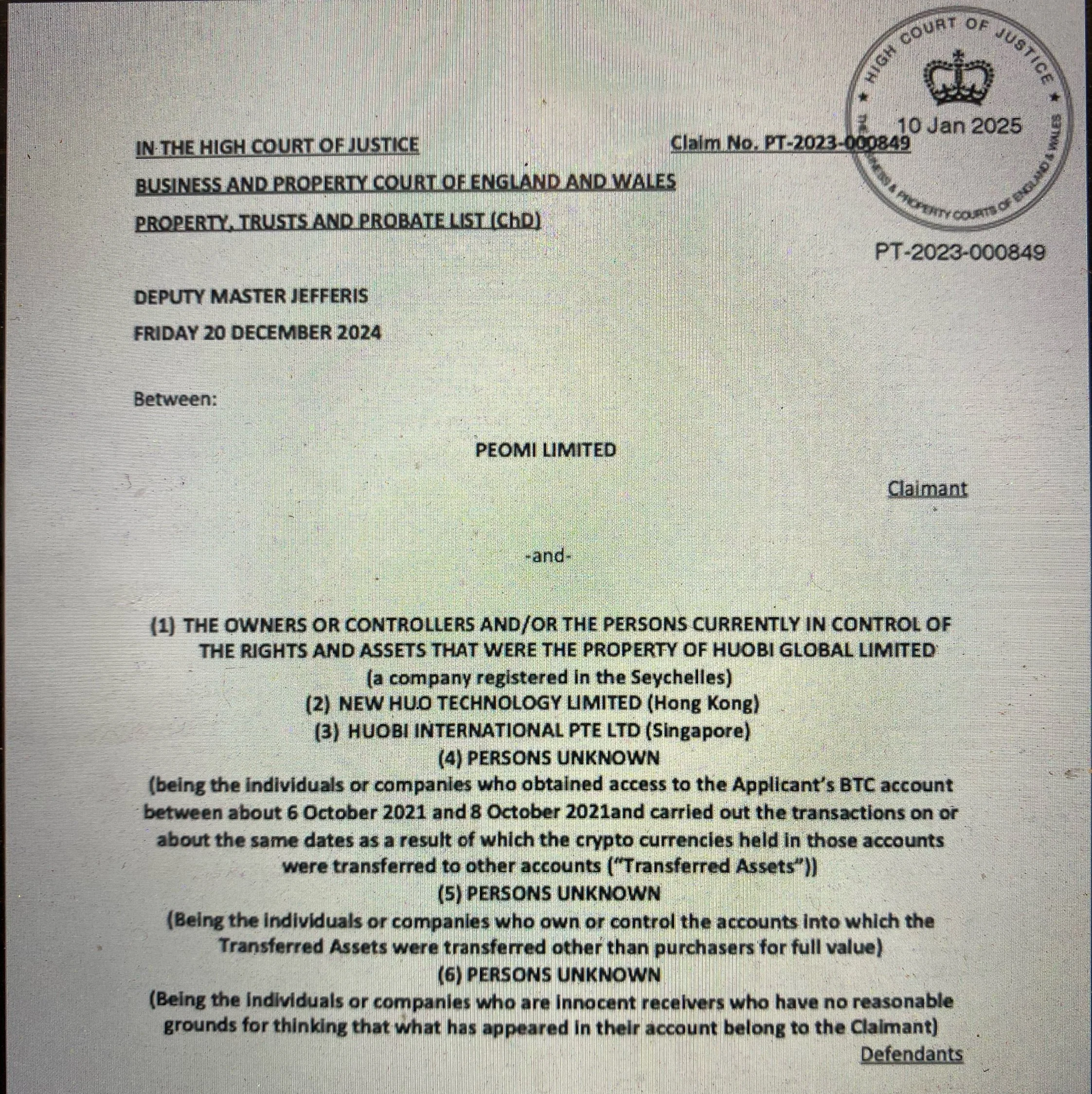 First page of the High Court judgment in Paul Arts v Huobi, claim number PT-2023-000849.
