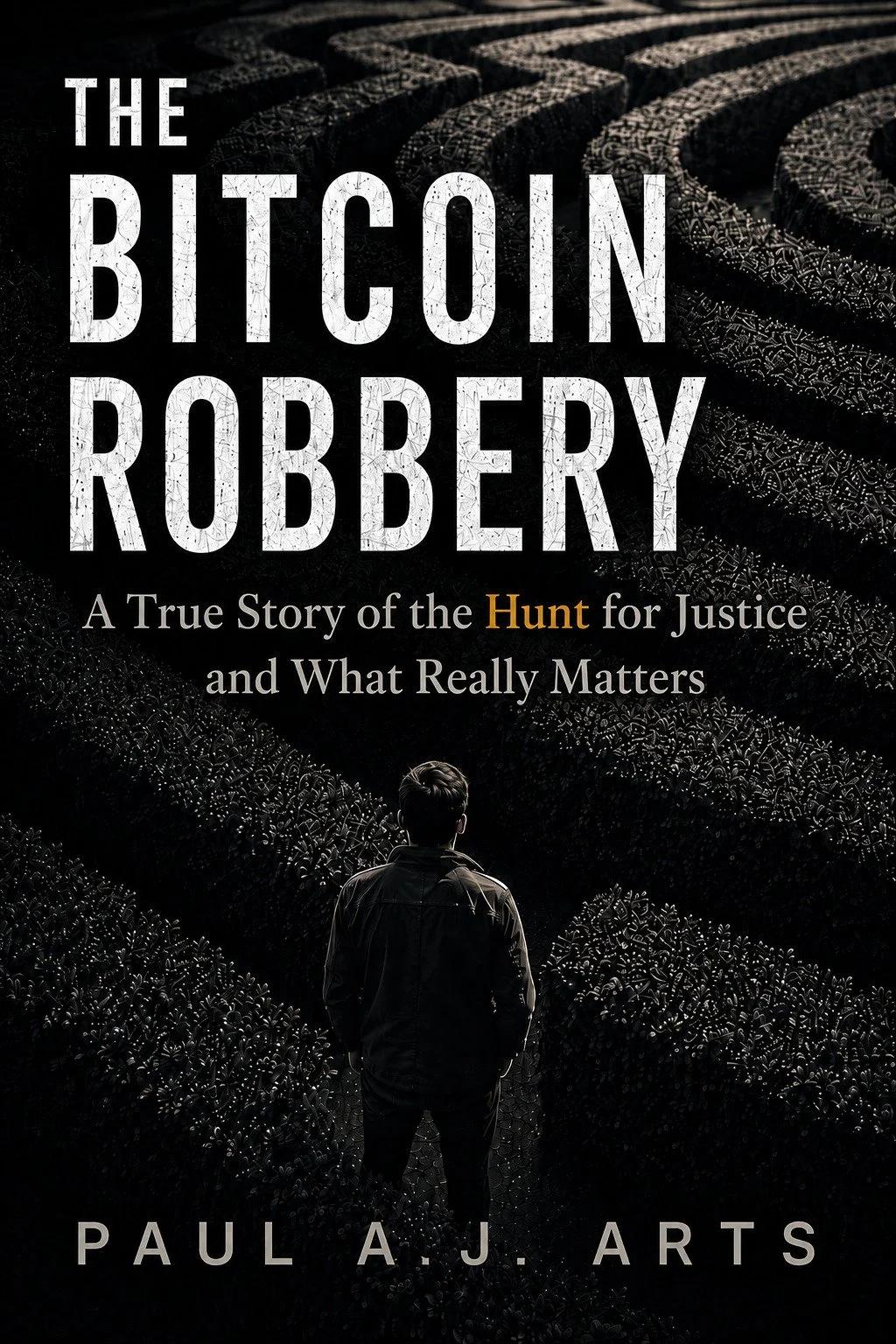 Cover of The Bitcoin Robbery by Paul A.J. Arts, showing a man standing in a dark labyrinth.