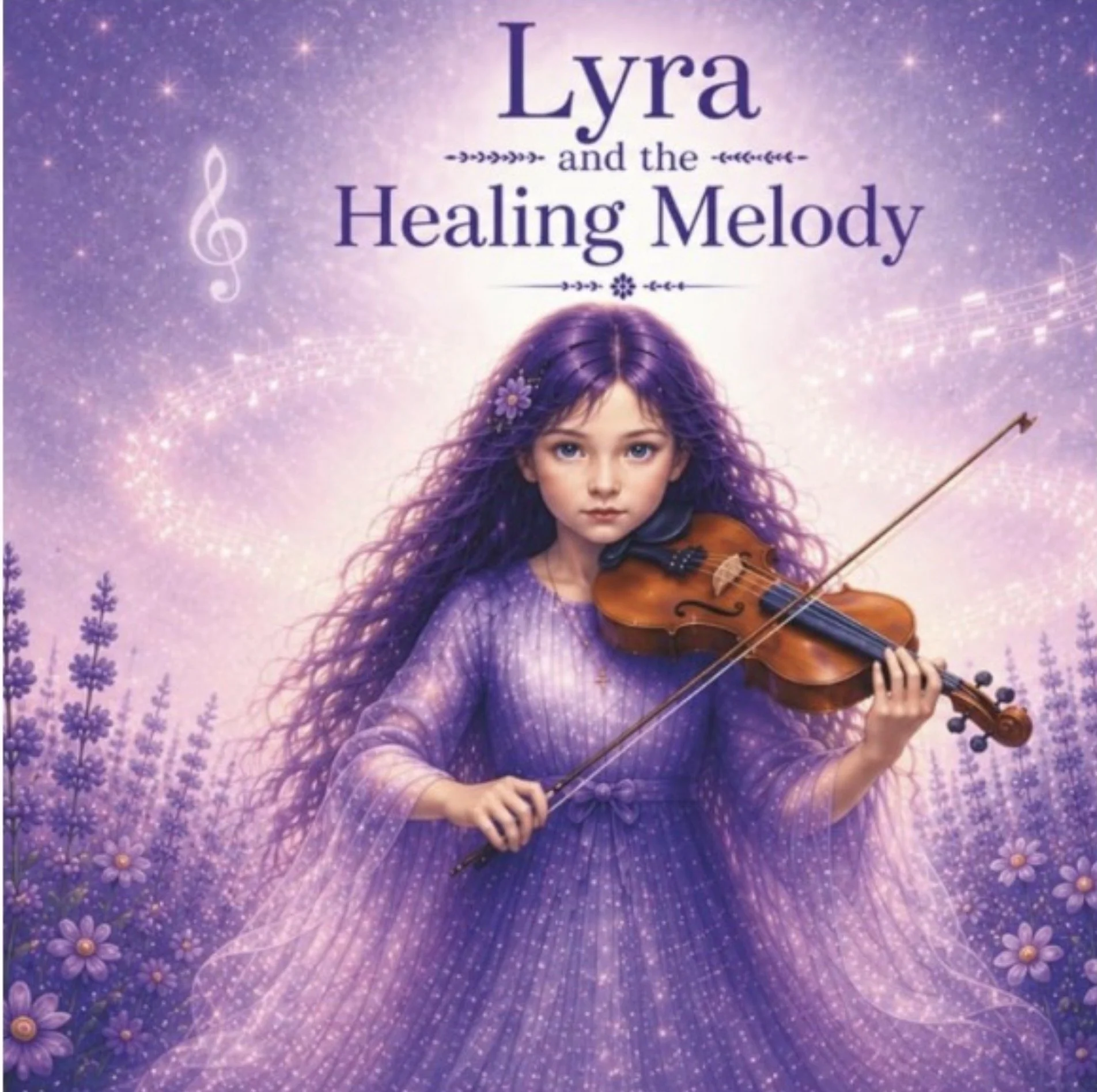 Cover of Lyra and the Healing Melody, featuring a young girl with purple hair playing a violin.