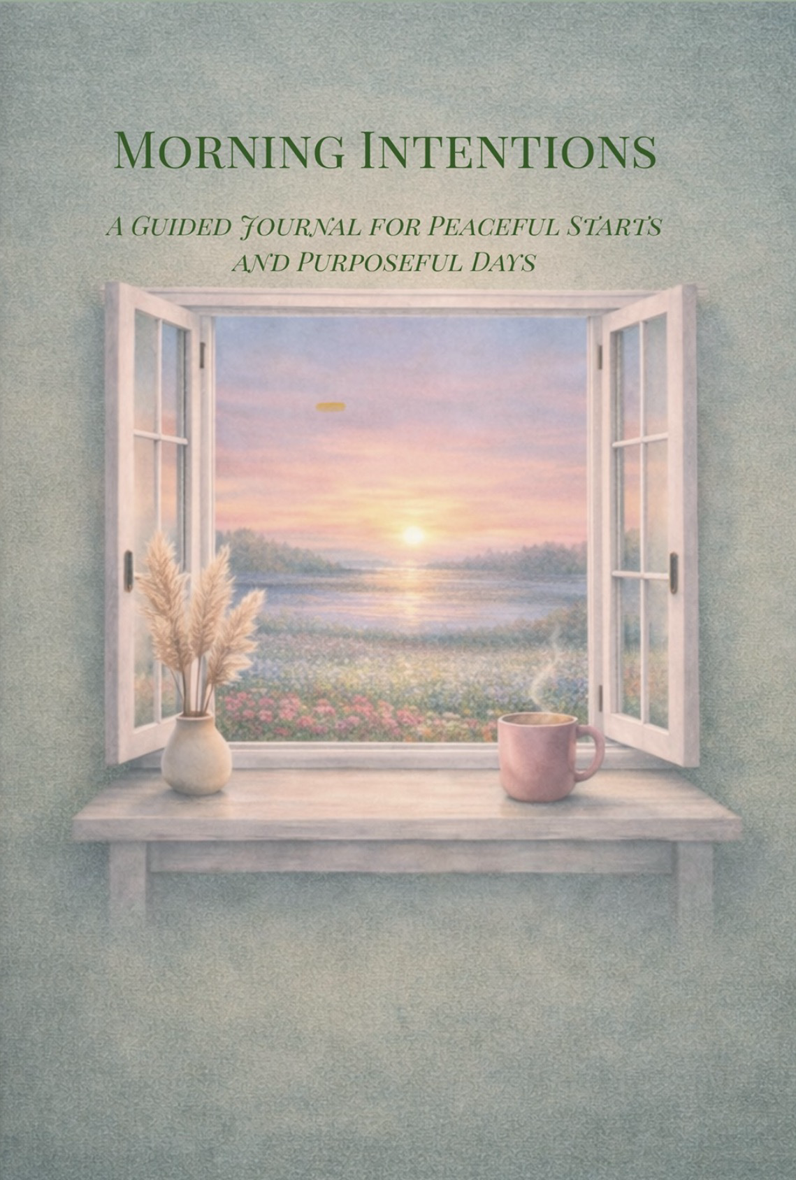 Cover of Morning Intentions, featuring an open window overlooking a peaceful sunrise.