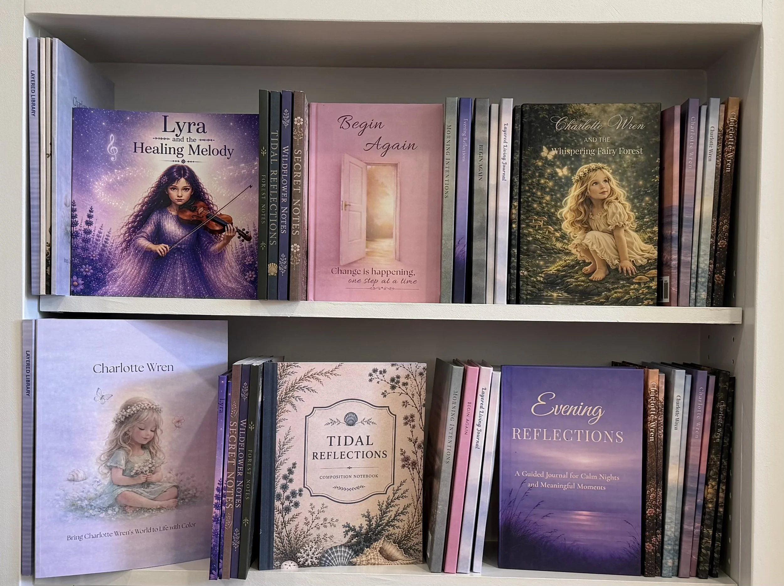 Books published by Layered Living Studios arranged on a two-shelf bookcase, with selected covers facing forward.