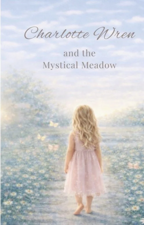 Cover of Charlotte Wren and the Mystical Meadow, featuring Charlotte walking through a pale blue meadow.