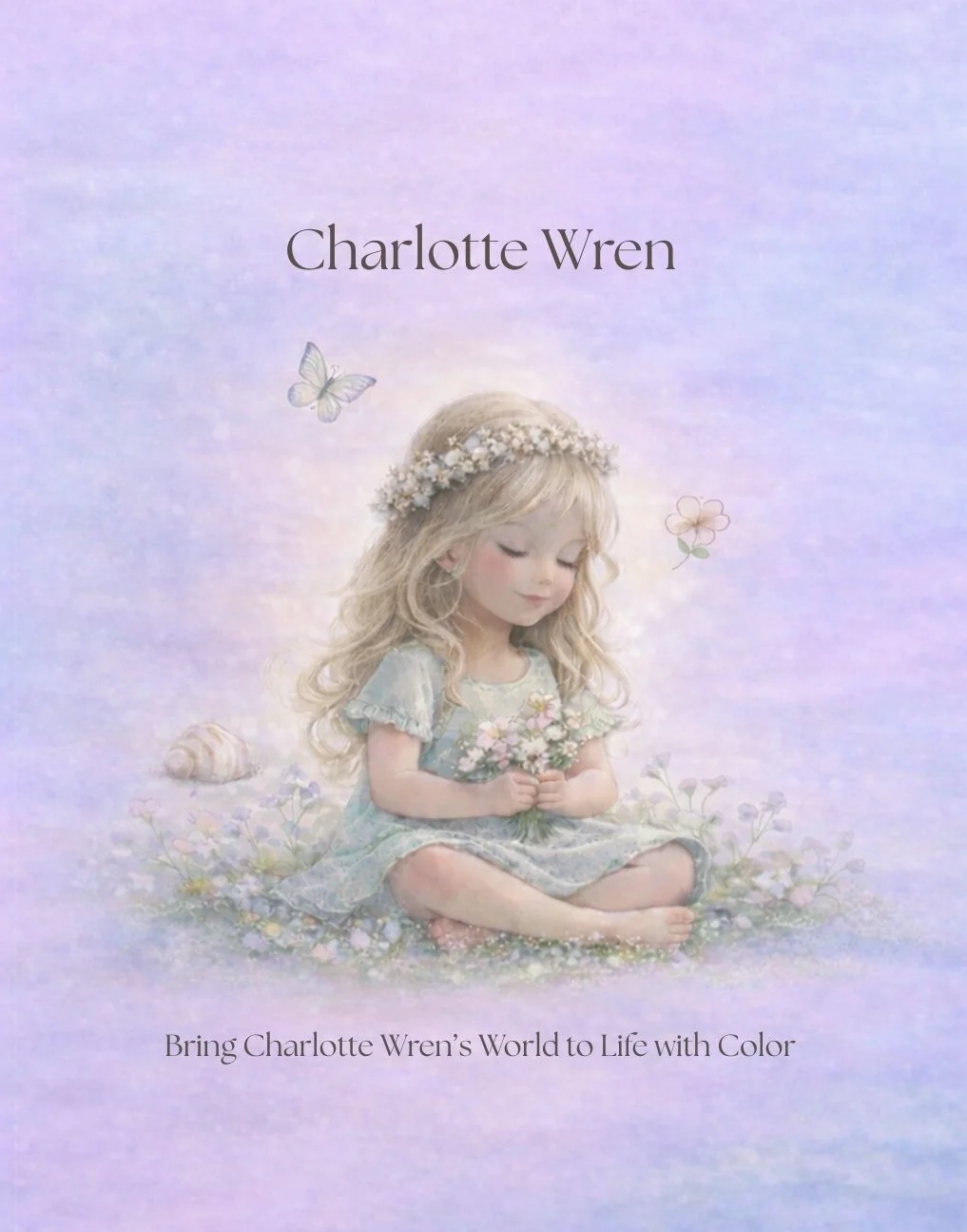Cover of the Charlotte Wren coloring book, featuring Charlotte in a soft pastel storybook illustration.