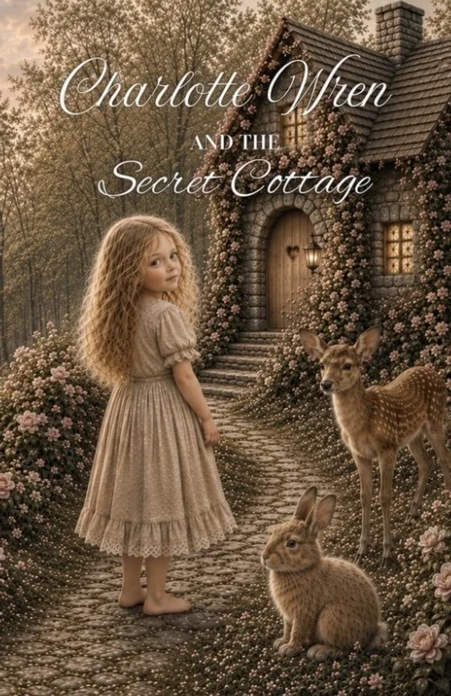 Cover of Charlotte Wren and the Secret Cottage, featuring Charlotte beside a fox near a woodland cottage.
