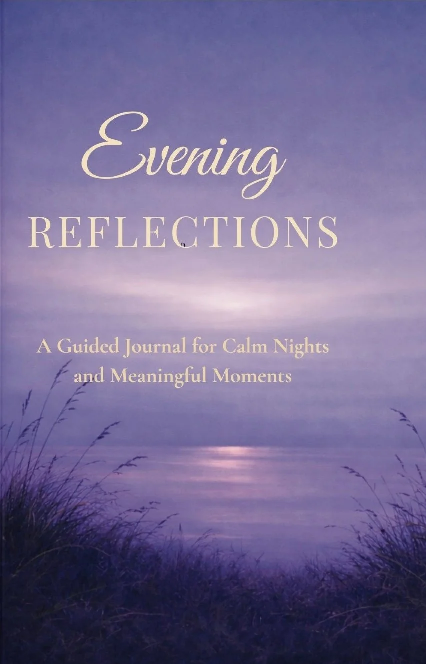 Cover of Evening Reflections, featuring a purple twilight sky above wildflowers.