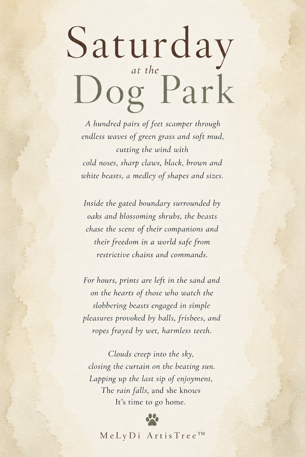 Saturday at the Dog Park, an illustrated poem presented on a soft watercolor background.