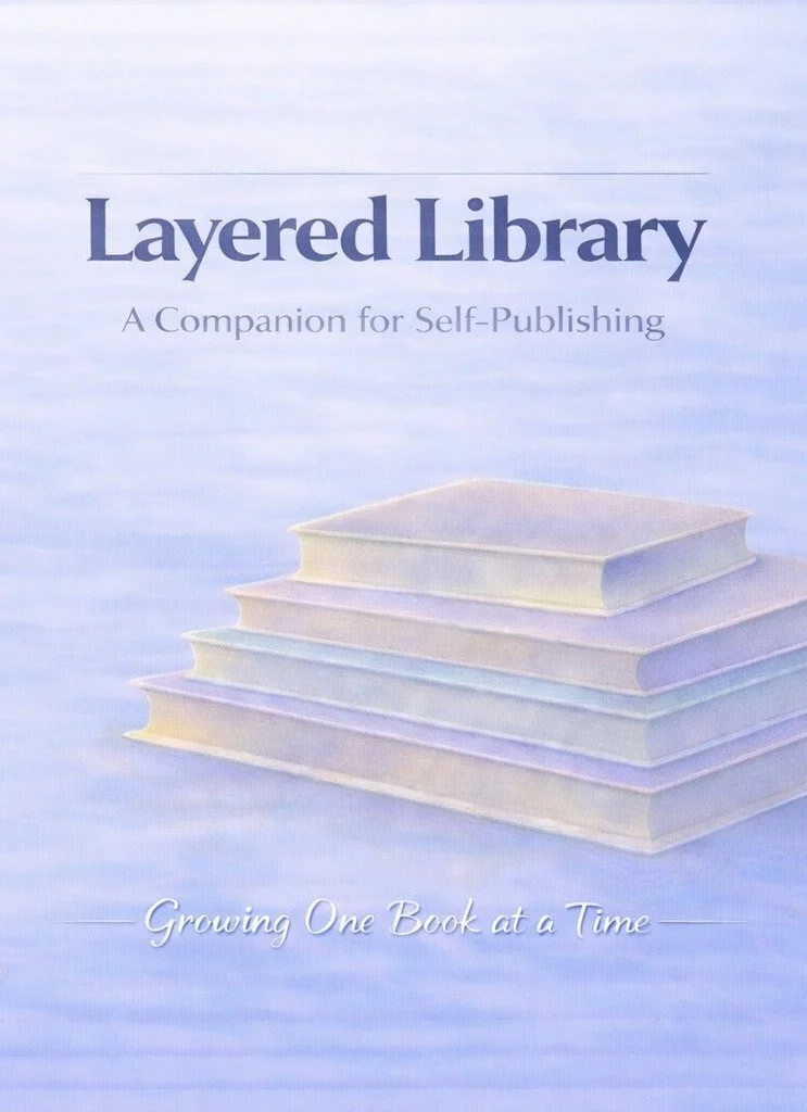 Cover of Layered Library, a publishing planner featuring a soft stack of books in pale blue and lavender.