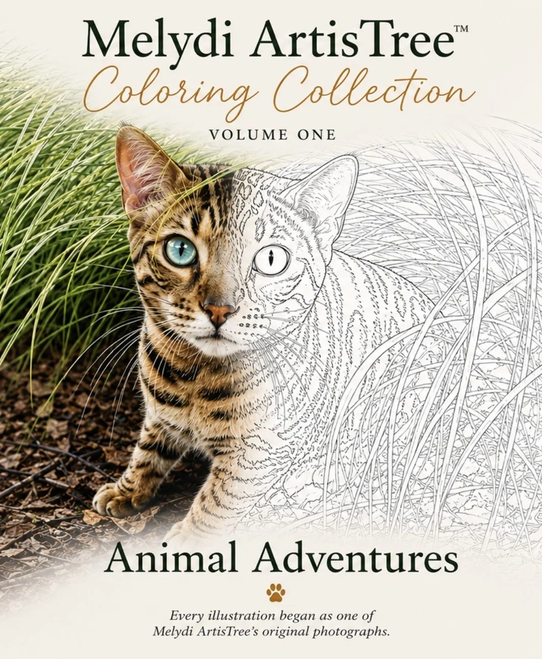 Cover of Animal Adventures from the Melydi ArtisTree Coloring Collection, featuring Sonja shown partly as a photograph and partly as line art.