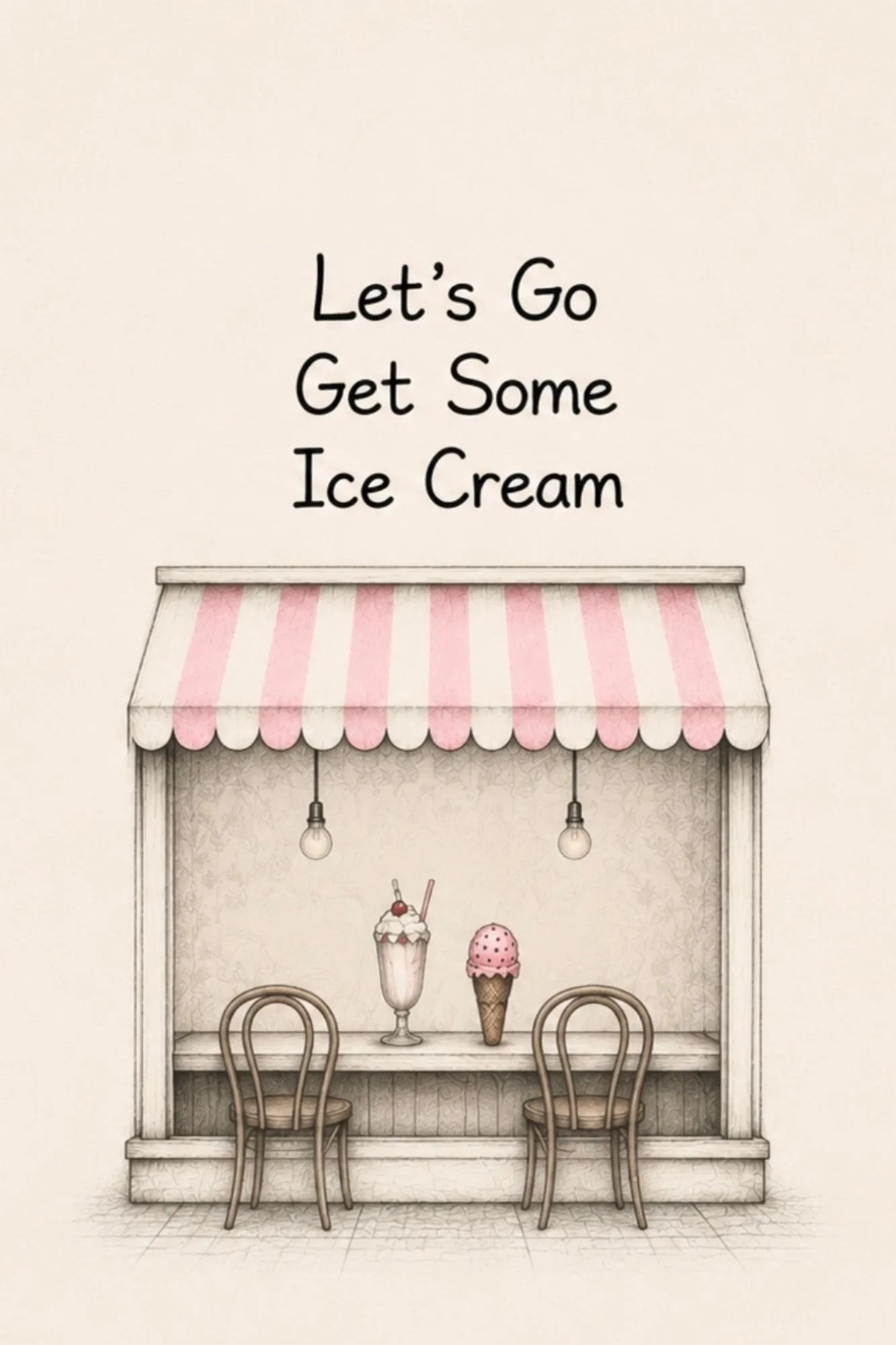A drawing of an ice cream shop with a pink striped awning and two ice cream treats on the counter, one milkshake and one ice cream cone, with chairs in front.