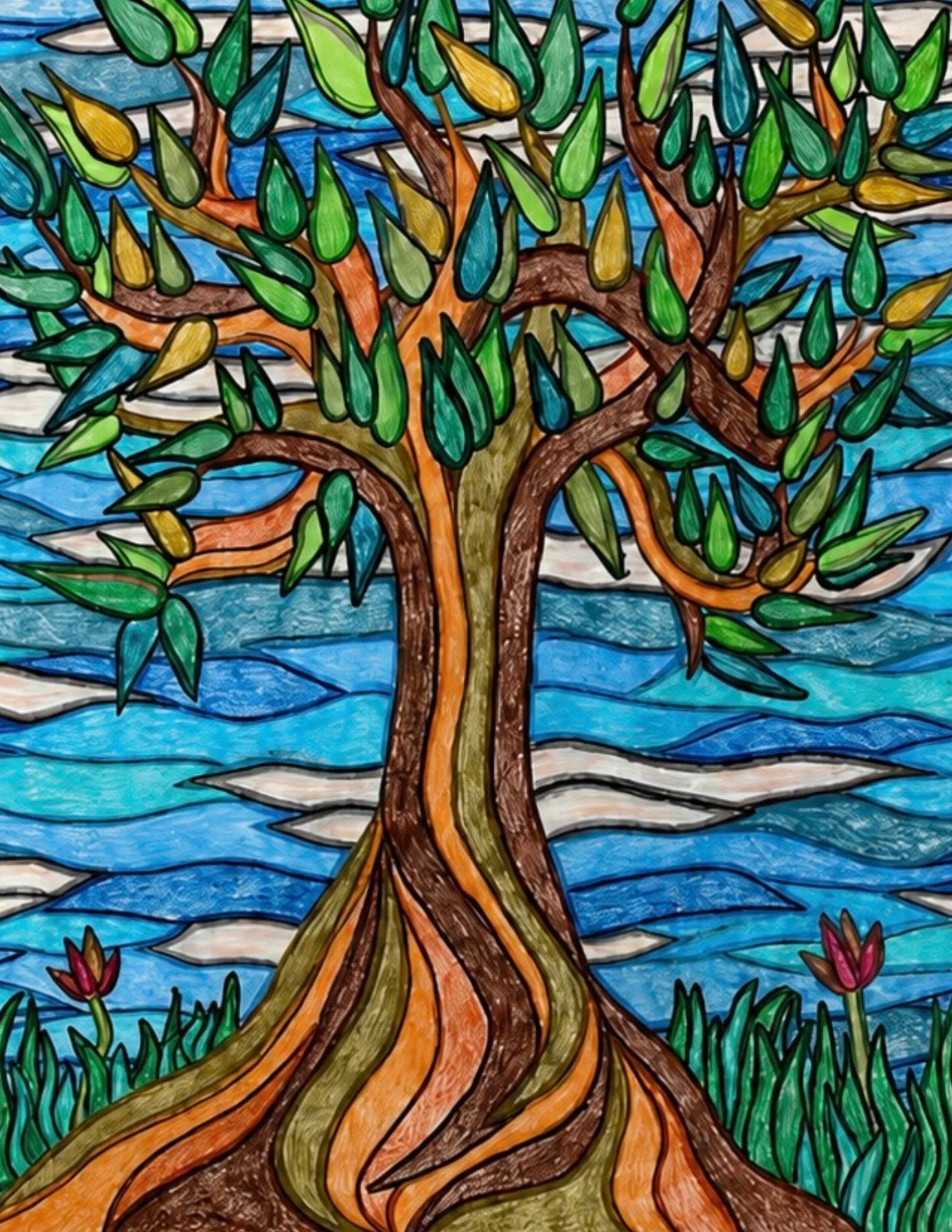 Rooted in Color, a vibrant hand-drawn tree with flowing roots beside blue water.