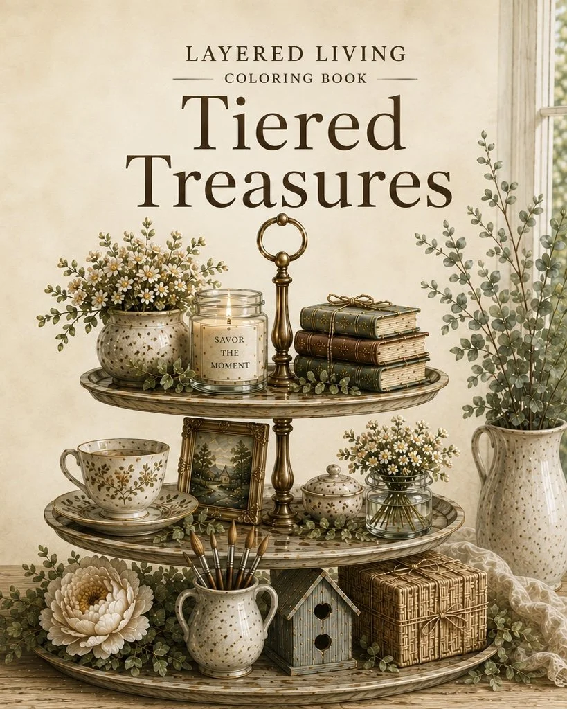 Cover of Tiered Treasures, featuring a vintage tiered tray arranged with books, teacups, and decorative objects.