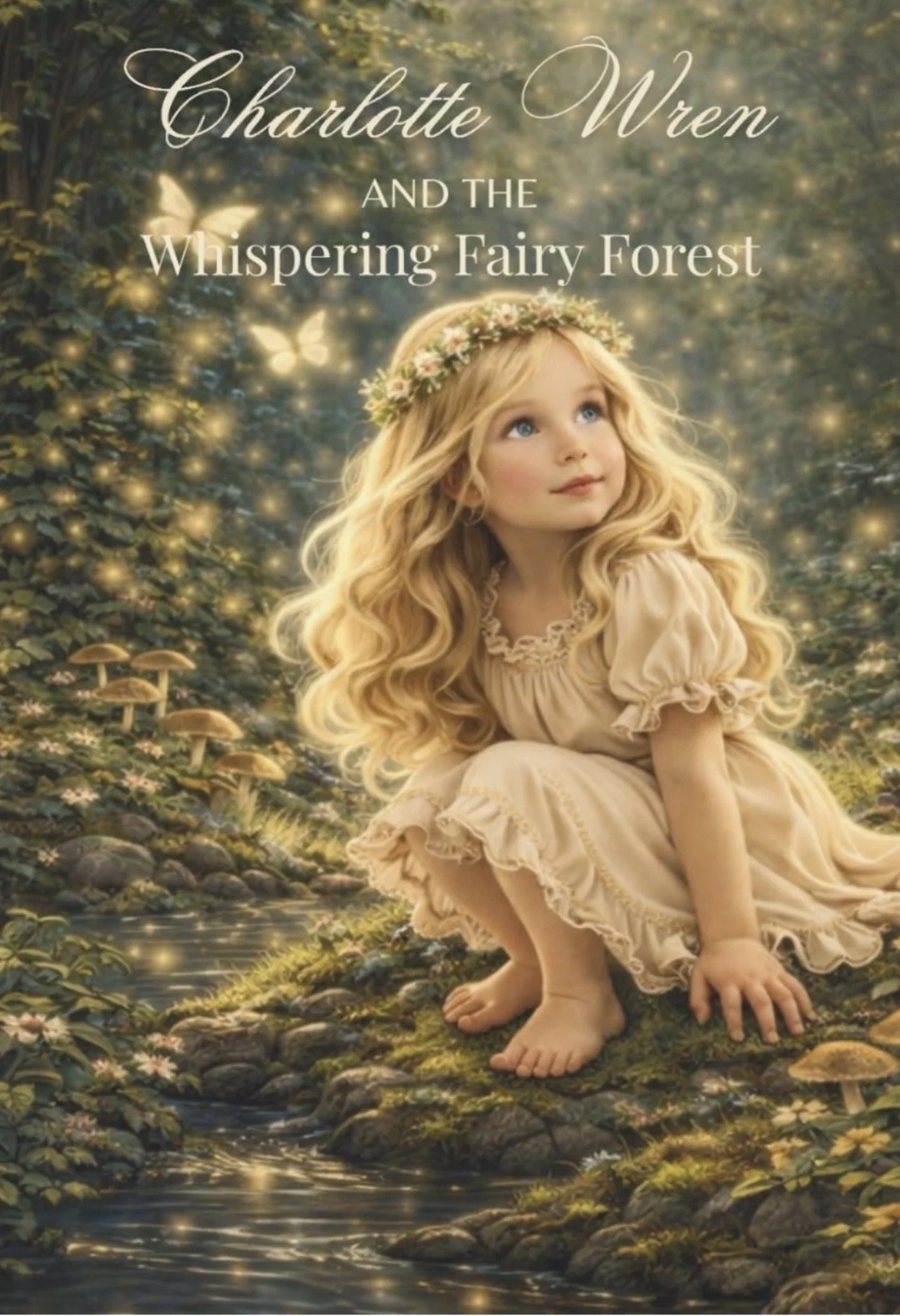 Cover of Charlotte Wren and the Whispering Fairy Forest, featuring a young blonde girl seated in a glowing forest.
