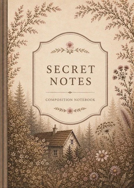 Cover of Secret Notes, featuring a small cottage surrounded by woodland botanicals.