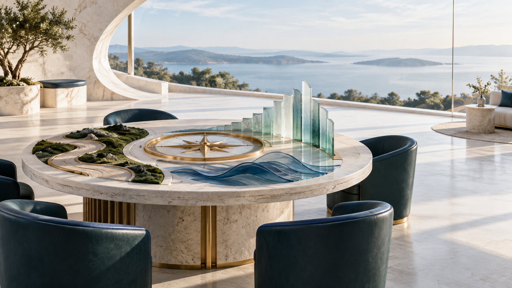 Sculptural leadership strategy table with a winding path, compass, blue sound wave, and rising glass forms representing consulting, speaking, coaching, and leadership development.