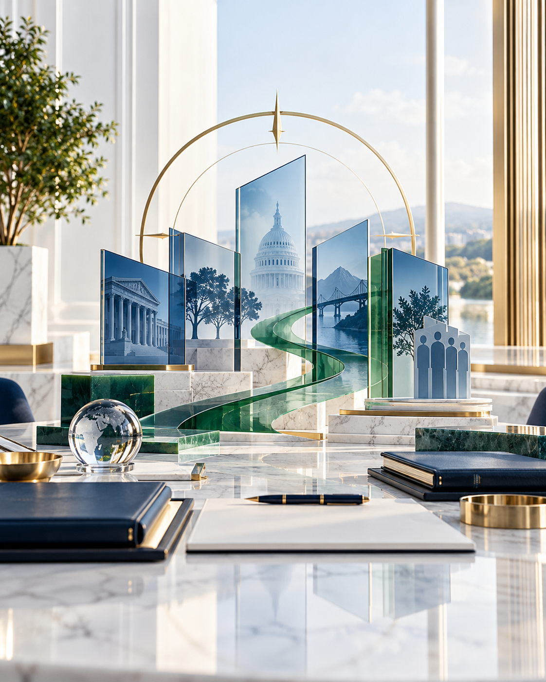Original executive leadership composition with a green path, blue civic architecture, and a gold compass representing public service, governance, strategy, and institutional strength.