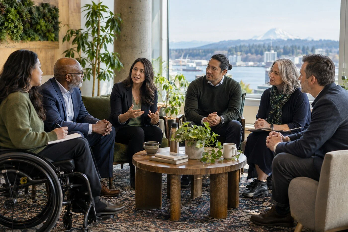 A diverse group of leaders in conversation about service, purpose, vision, impact, and legacy