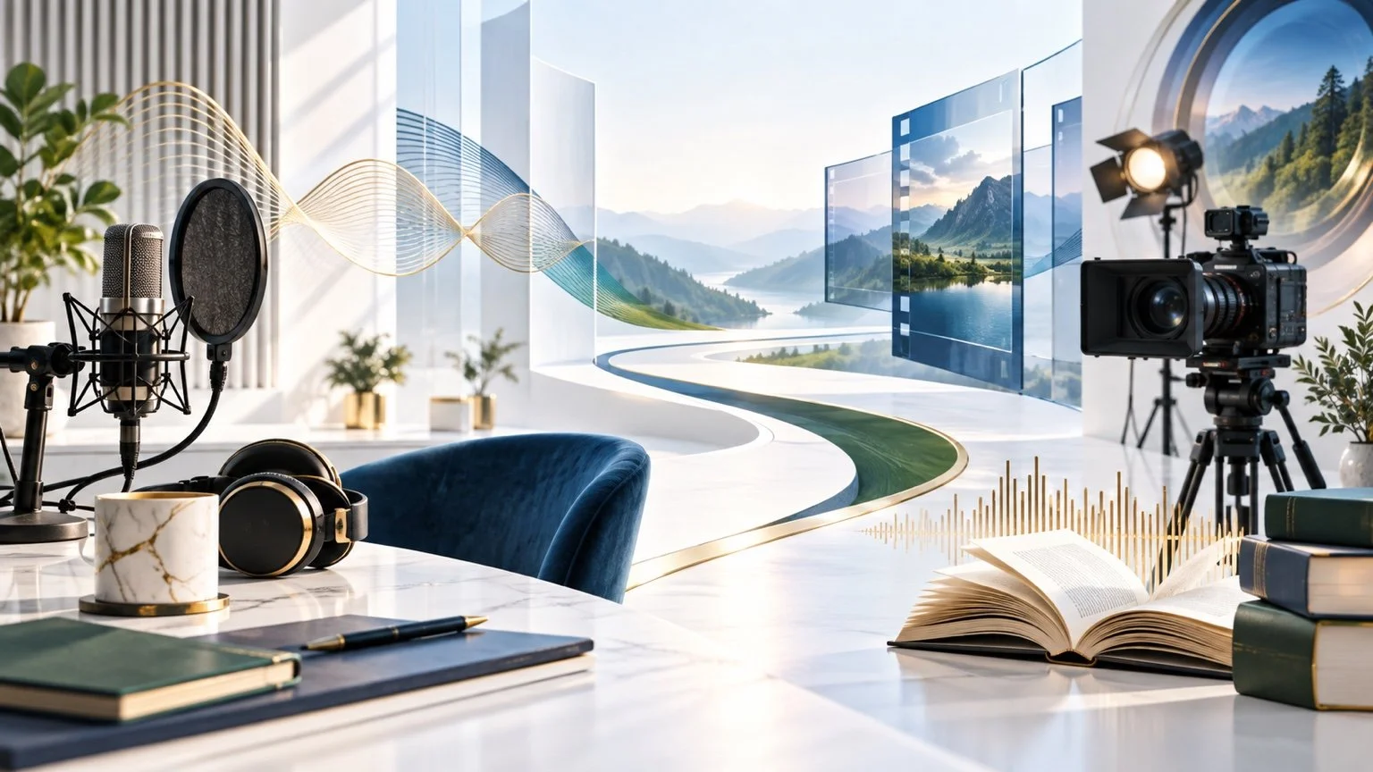 Creative media studio with podcast microphone, headphones, film camera, open books, sound waves, and a forward path.