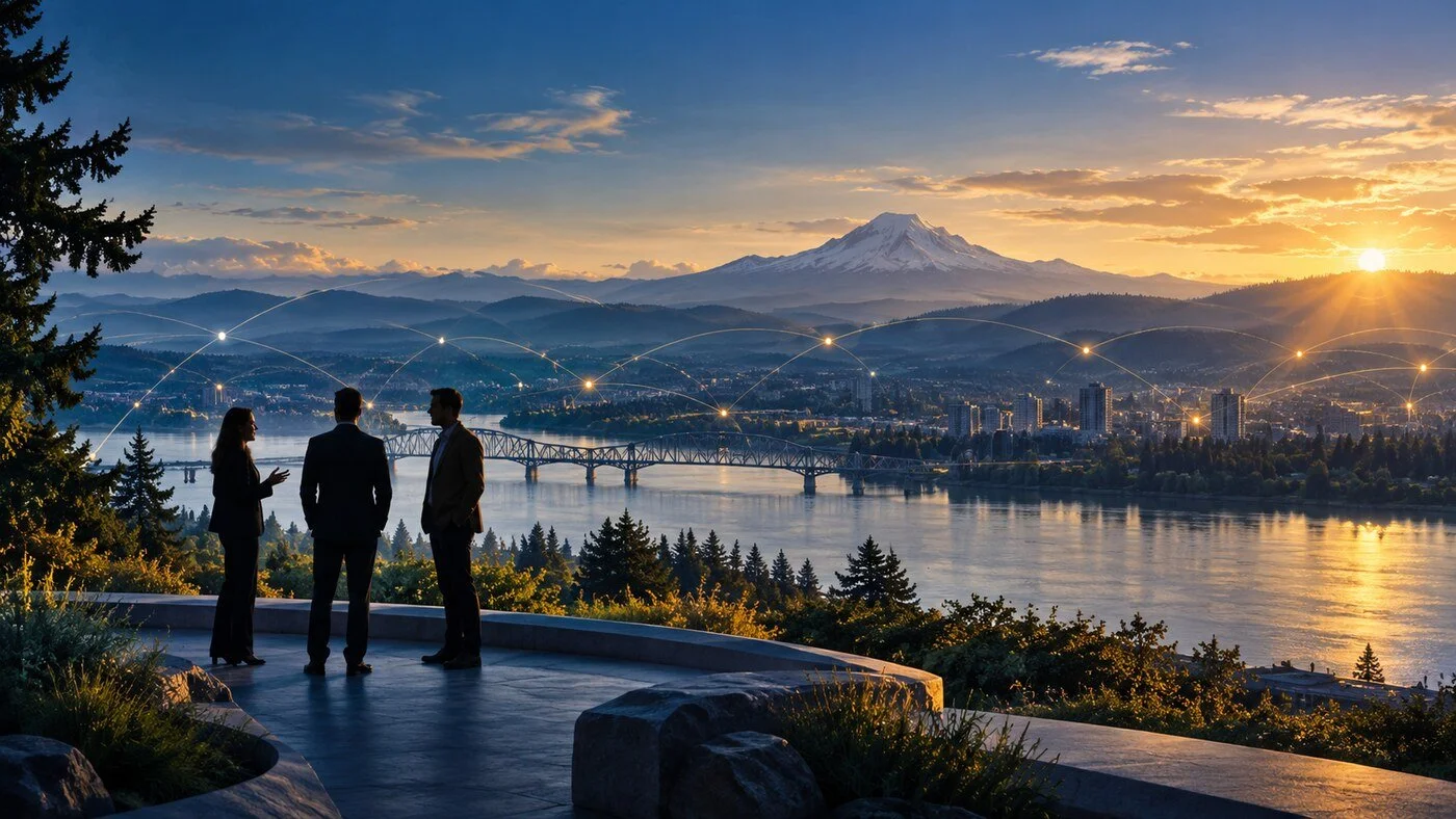 Vancouver, Washington waterfront and mountain landscape representing New Path Leadership Group’s community roots